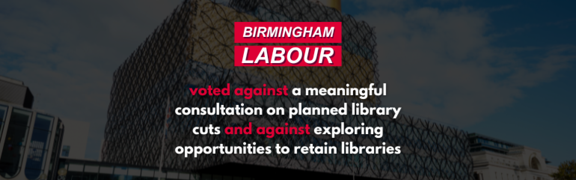 An image titled 'Voted against a meaningful consultation on library cuts' states that Labour voted against exploring alternative opportunities to retain libraries.