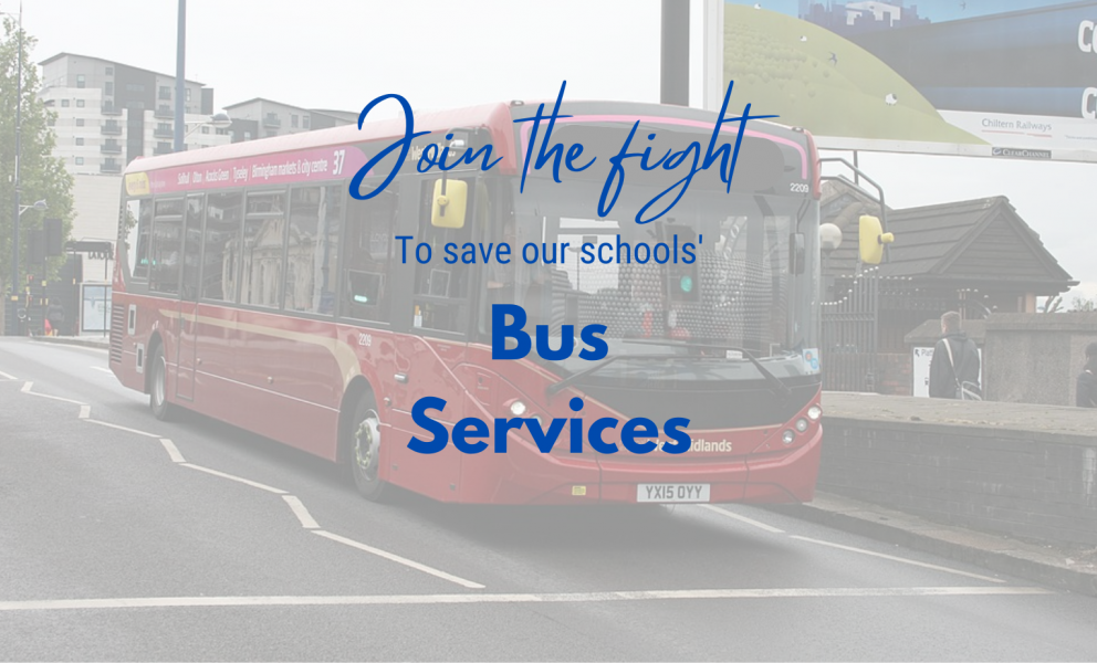 Text reads "Join the fight to save our schools' bus service". over an image of a national express west midlands bus