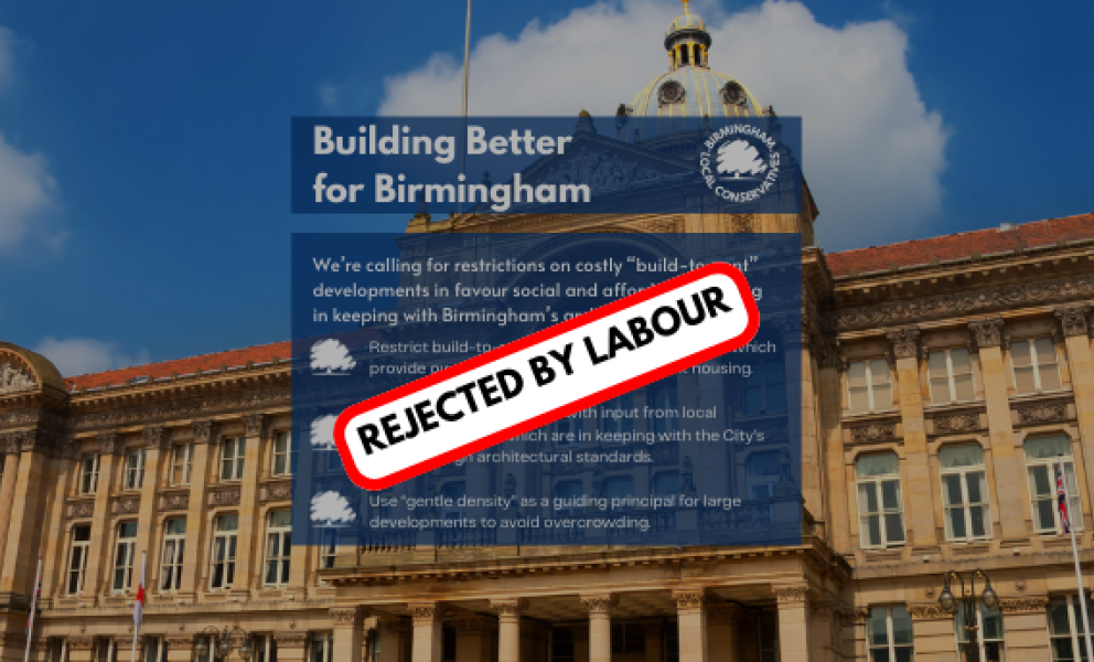 An image titled 'Our Motion' states how Labour have rejected Conservative calls for 'build-to-rent' restrictions, the implementing of design guides and the use of 'gentle density' to avoid overcrowding.