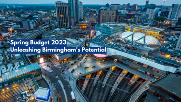 Birmingham City Centre focused on Grand Central at New Street Train Station with the words "Unleashing Birmingham's Potential" over it