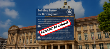 An image titled 'Our Motion' states how Labour have rejected Conservative calls for 'build-to-rent' restrictions, the implementing of design guides and the use of 'gentle density' to avoid overcrowding.